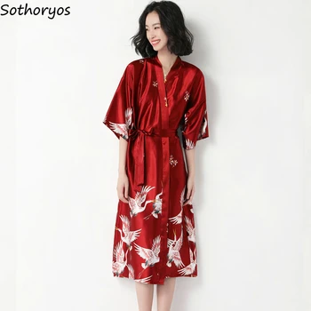 

Robes Women Summer Faux-silk Thin Printed Bathrobes Breathable Womens Elegant Korean Style Lace-up Sexy Homewear Simple Trendy