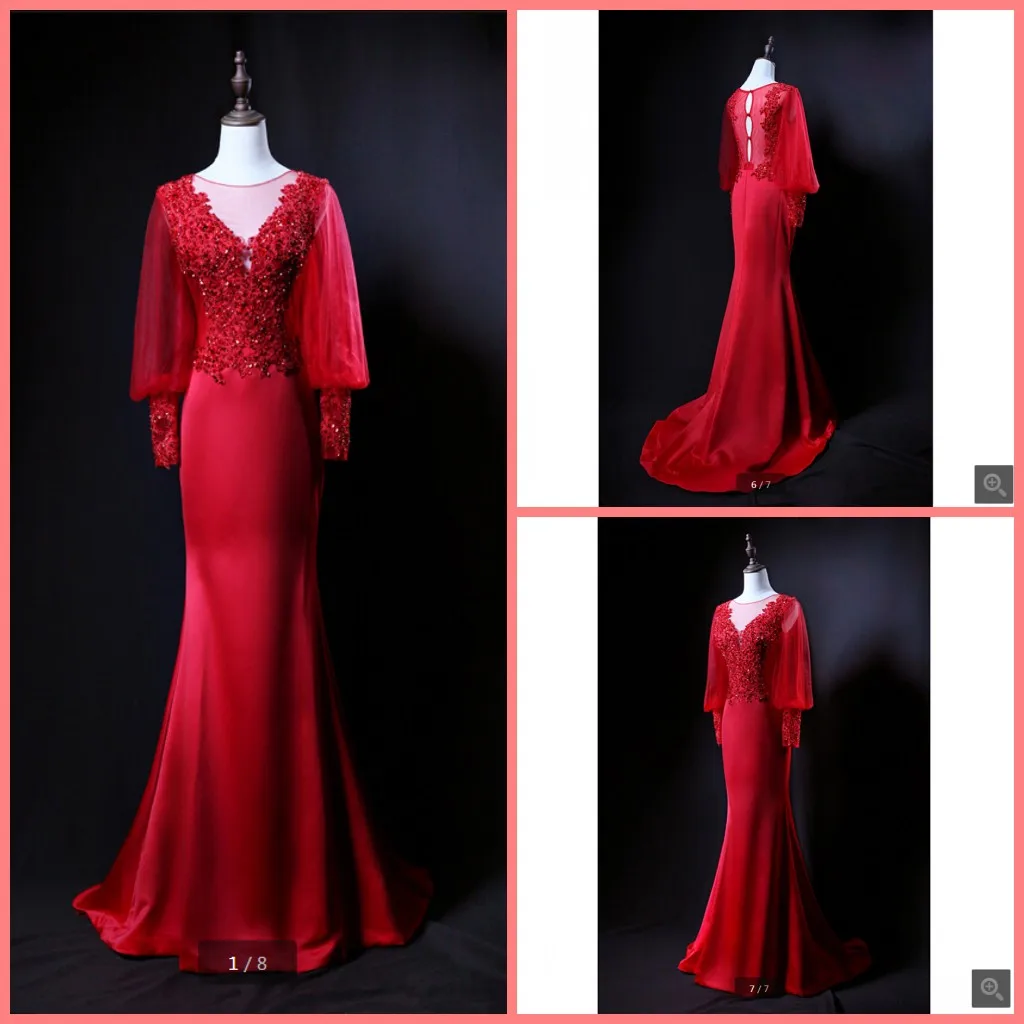 Vestido de festa красные вечерние платья русалки с кружевной аппликацией и бусинами, вечерние платья с длинным рукавом и глубоким декольте