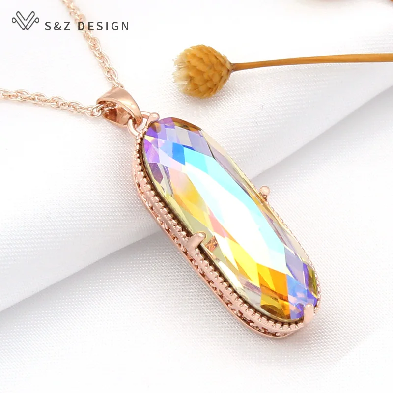 S&Z DESIGN New Vintage Large Oval Crystal Pendant 585 Rose Gold Color Necklace For Women Girls Wedding Jewelry Gift