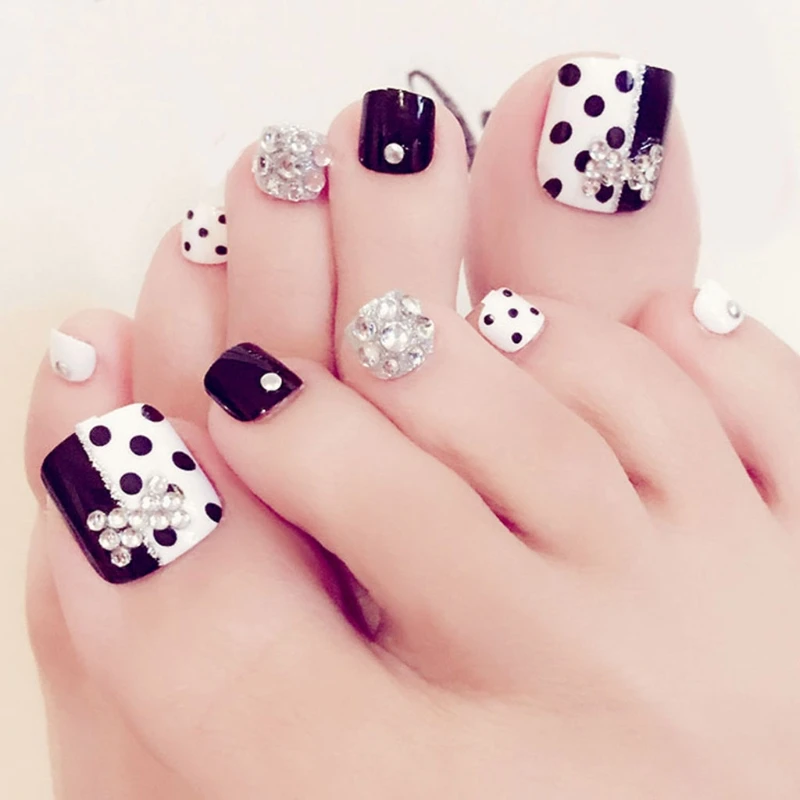 

24Pcs Black White Rhinestone Art Tips False Toe Fake Nails Manicure Tools J33 X7YB