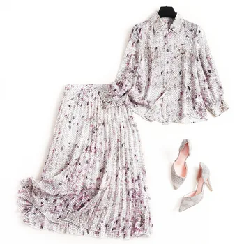 

Python Pattern Chiffon Womens 2 Piece Sets 2020 High Street Single Breasted Long Sleeve Tops+pleated Skirts Zipper Fly Mid-Calf