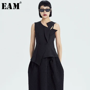 

[EAM] Women Black Pleated Irregular Split Blouse New V-collar Sleeveless Loose Fit Shirt Fashion Tide Spring Summer 2020 1X649