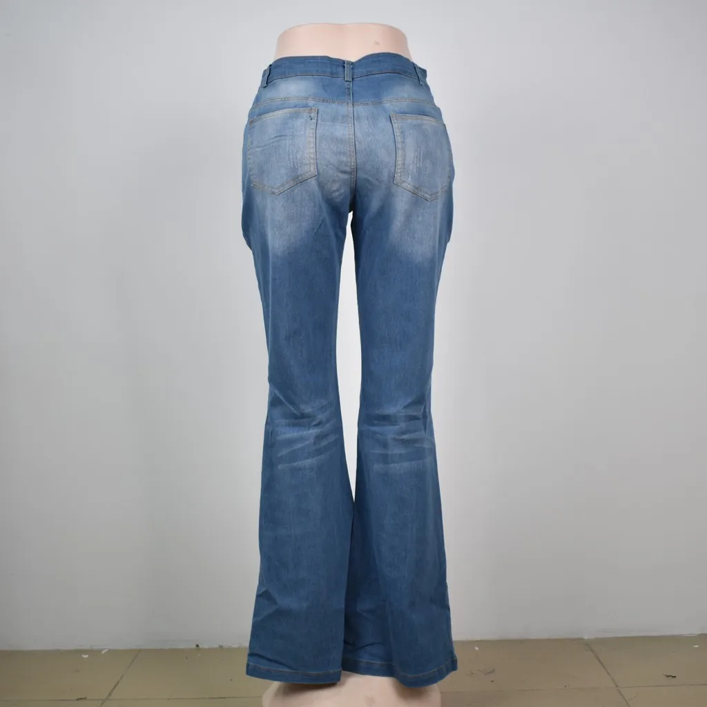 Осенние женские Джинсы средней посадки джинсы с карманами стрейч штаны Клеш Джинсы OL стиль свободная модная рабочая одежда Повседневная S