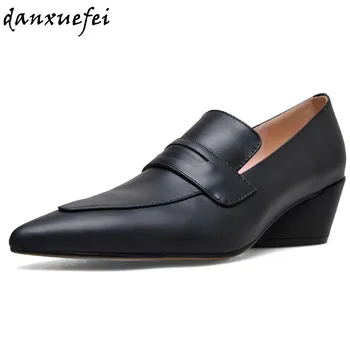 

3 Color plus size 33-43 women's genuine leather thick high heel pointed toe slip-on pumps OL style ladies med heel comfort shoes