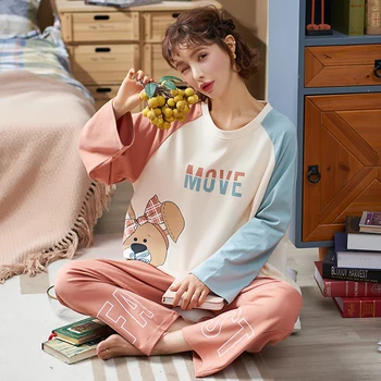 

Autumn and winter pure cotton pajamas, comfortable pajamas, ladies casual pajamas, cartoon print pullover T-shirt, home service