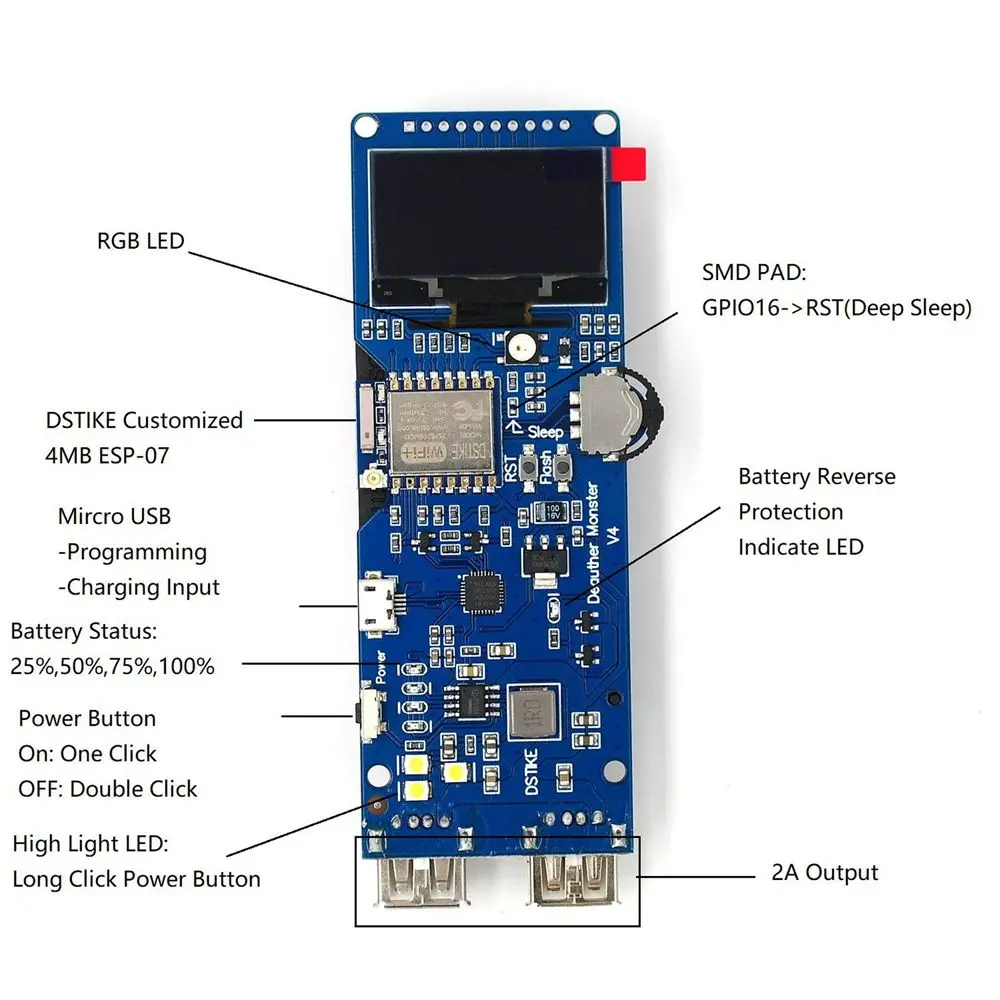 DSTIKE ESP8266 WiFi Deauther Mon ster V4 макетная плата обратная защита с антенной и корпусом 18650 power Bank 5V 2A