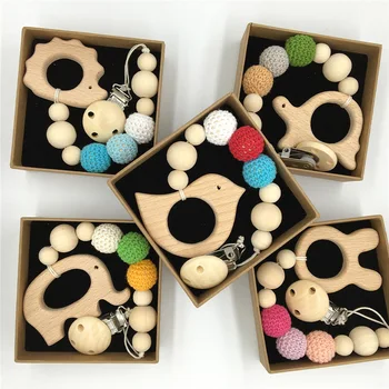 

1pc Wooden Beads Baby Pacifier Clips Chain Rattle Toys Bracelet Wooden Crochet Beads Beech Wood Ring Baby For Kid Products Toys