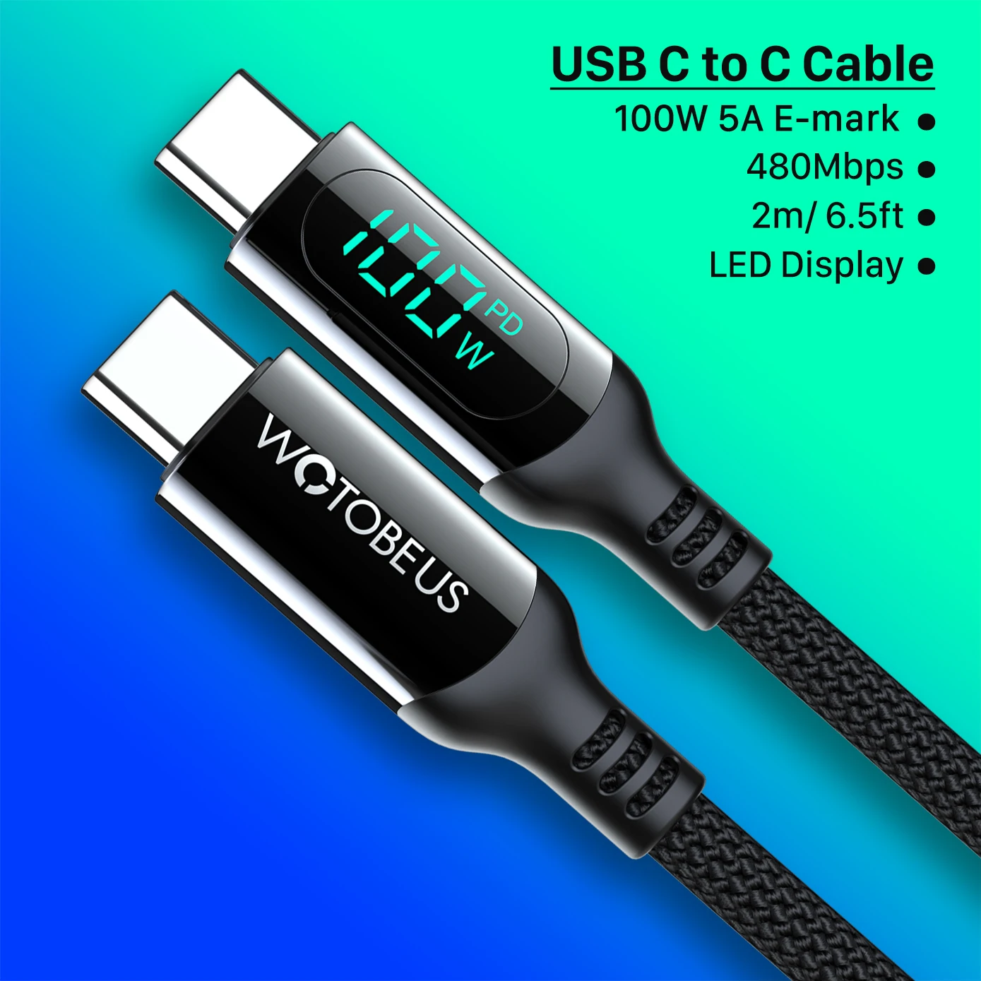 WOTOBEUS PD100W USB C to USB C Cable 5A E-Mark LED Digital Display Fast Charging 3m Cable For Samsung S20 S21 Ultra  iPad laptop android charger adapter Cables