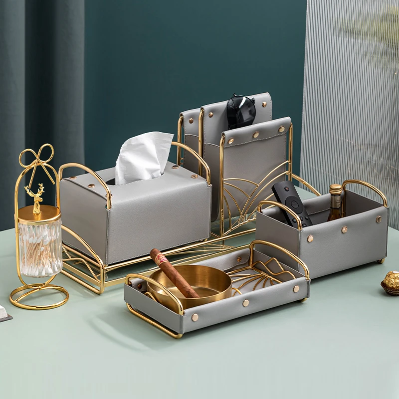 Caja de almacenamiento de joyería de cuero azul moderna, caja de pañuelos de lujo para decoración de sala de estar, estante de cosméticos, utensilios de almacenamiento multifuncionales|Bandejas almacenamiento| - AliExpress