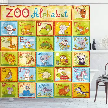 

Educational Shower Curtain Zoo Alphabet Design Colorful Style Funny Cartoon Animals Children Kids School Cloth Bathroom Decor