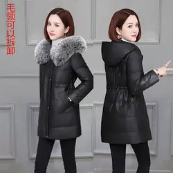 Hooded Leather Fur Jacket Women's Mid-Length Winter New PU Leather Down Cotton Coat Slim Parkas Mujer Abrigos M308