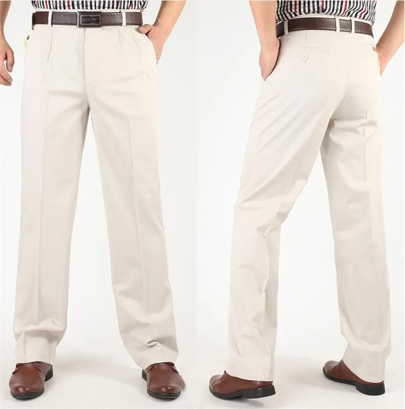 Весенние и летние тонкие мужские повседневные брюки с высокой талией двойные плиссированные хлопковые брюки мужские прямые повседневные брюки большого размера