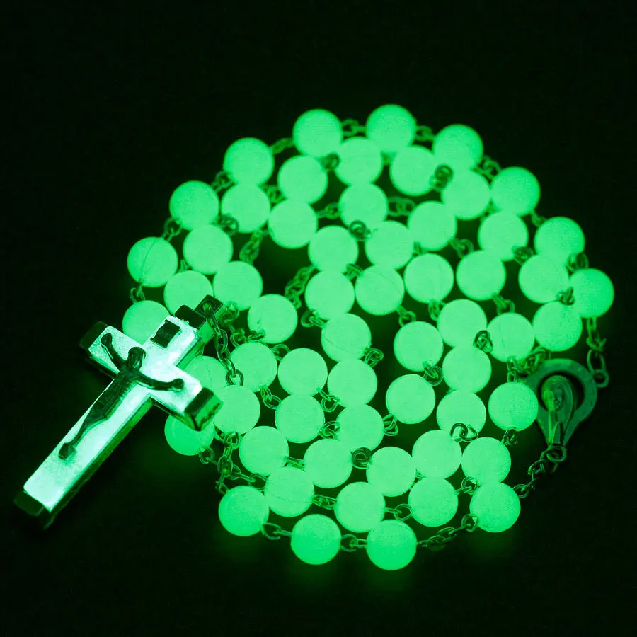 

3 Styles 8mm Pale Green Glow-In-The-Dark Bead Cross Pendant Religious Alloy Ox Head Necklace Set Fashion Accessories