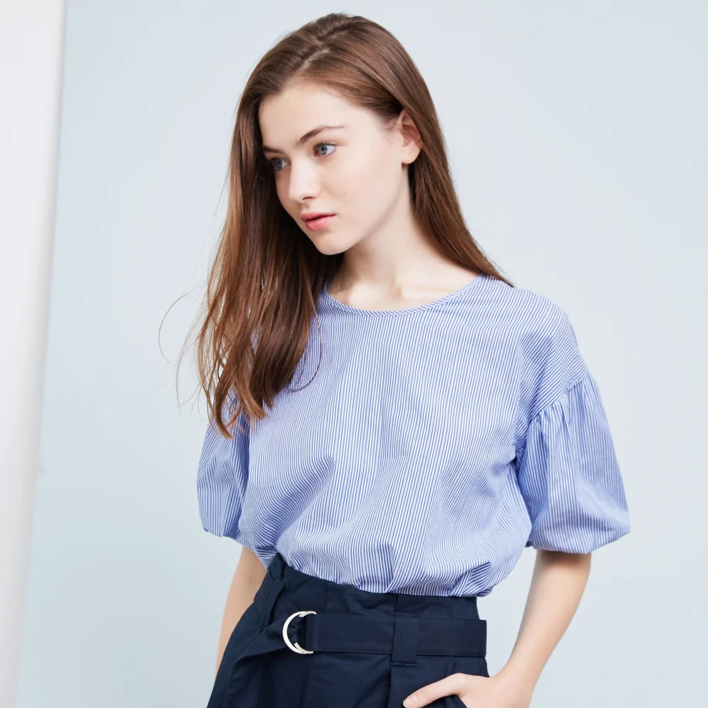  Metersbonwe Women Striped Blue Blouses 2019 Fashion OL Half Puff Sleeves Sliming Office Lady Blouse
