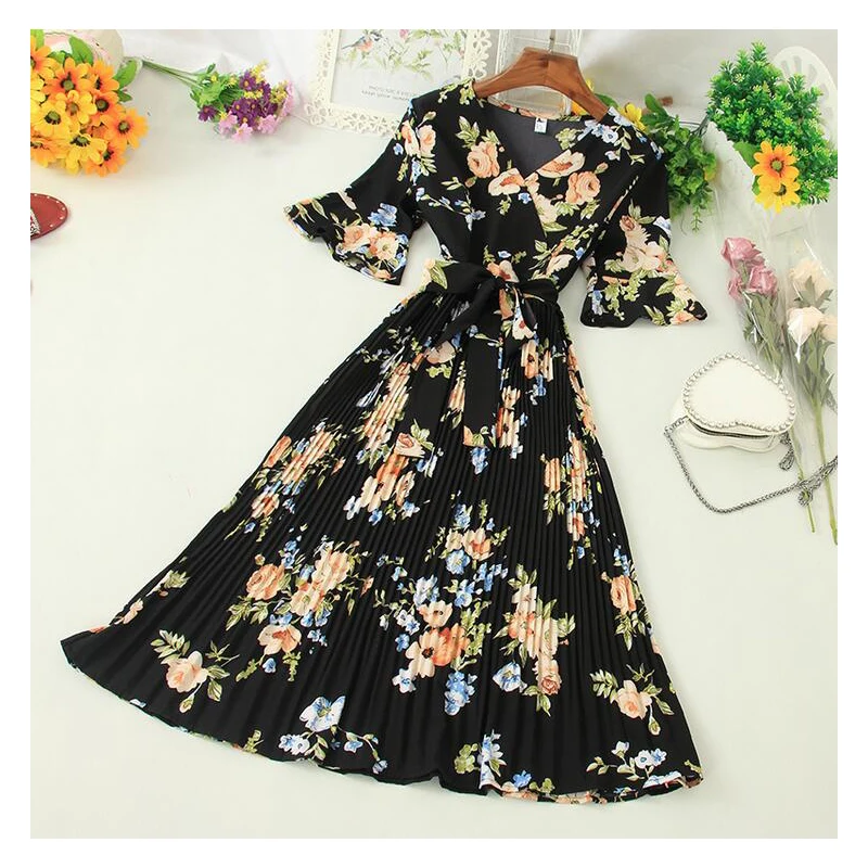 Boho 2020 V Neck Floral Print Summer Bandage Dress Midi Long Chiffon Party Women Casual Elegant Pleated Beach Holiday Dresses | Женская