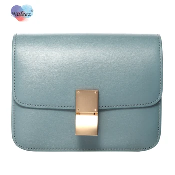 

Nuleez Classic toothpick pattern gold buckle tofu bag small square bag square box bag women genuine cowhide leather blue haze