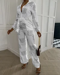 Spring Autumn Women's Letter Print Jumpsuit 2021 New Femme Long Sleeve V-Neck Casual Jumpsuit Office Ladies Elegant Outfits