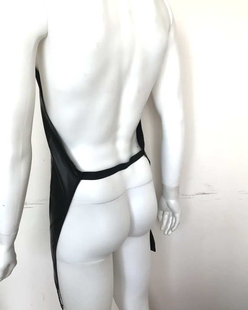 Mens Sexy Lingerie leather Apron front Open Crotch Crotchless Uniform hollow out Maid manservant Cosplay Night Club Sexy Costume