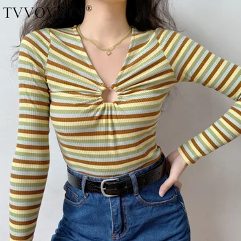 

TVVOVVIN Self-made Niche Design Chest Hollow-out Ring Color Stripes All-match Tull Sleeve Tops Womens Sweater Pullovers 5BFS