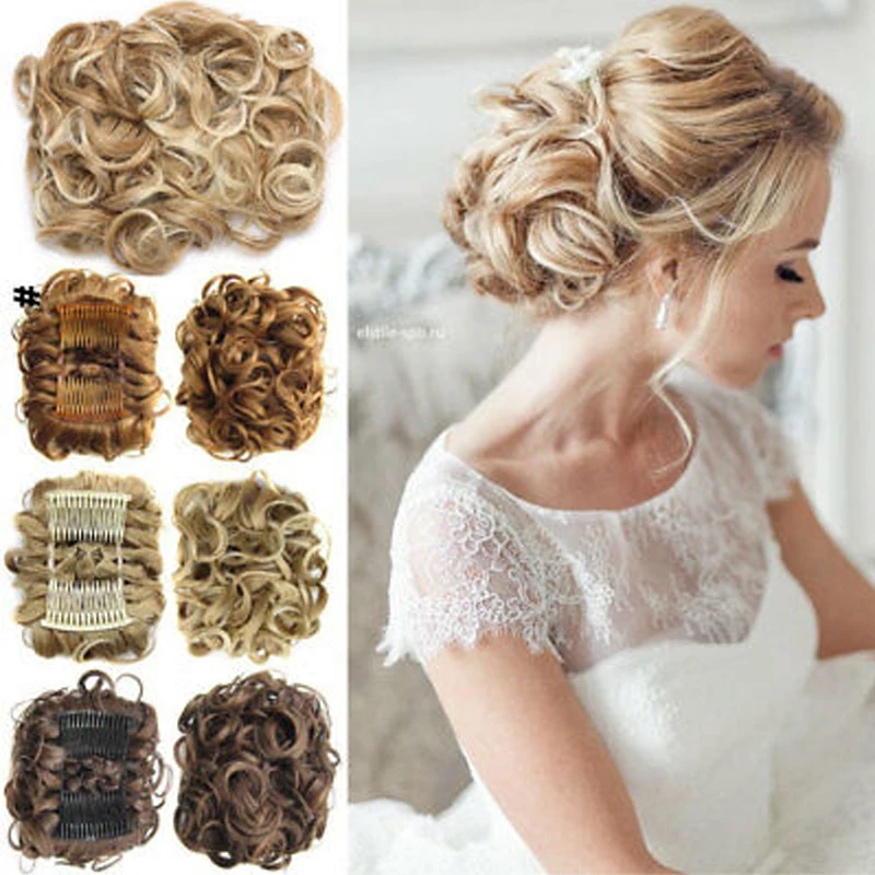 Кудрявые шиньон Updo волосы бант два гребня пластиковые клипсы шиньоны