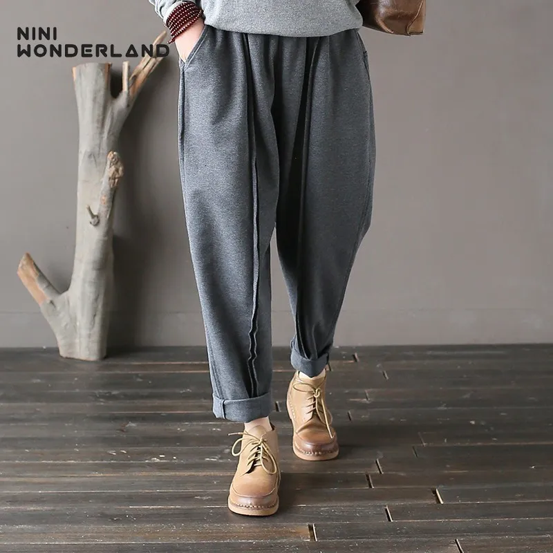 NINI WONDERLAND весенние женские брюки хлопковые винтажные свободные однотонные шаровары осенние повседневные брюки с эластичной резинкой на талии