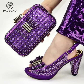 

Purple Color Ladies African Shoes and Bag Set Decorated with Rhinestone Nigerian Shoes with Matching Bags High Heels Party