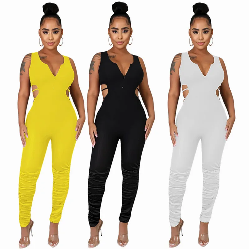 

Womens Fashion Casual Solid Color Zip-up Sleeveless Pleated Stacked Jumpsuit
