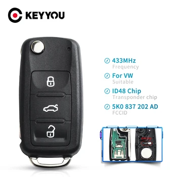 KEYYOU-플립 폴딩 원격 자동차 키 고리, 폭스 바겐 VW 티구안 골프 파사트 폴로 제타 비틀 헬라 434MHz ID48 칩 5K0837202AD
