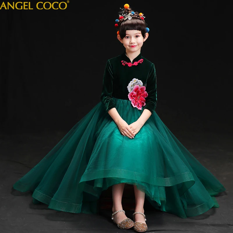 

Dark Green Velvet Girls Clothing Embroidered Flowers Girls Dresses For Girls Winter Long Sleeve Kids Gown Party Princess Dress