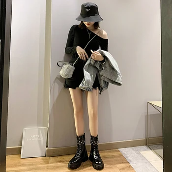 melhor Mulher Do Laço Até Botas De Outono Das Mulheres Senhoras Chunky Cunha Plataforma Preto Patente Couro Tornozelo Botas Punk Goth Nova Chegada 2020