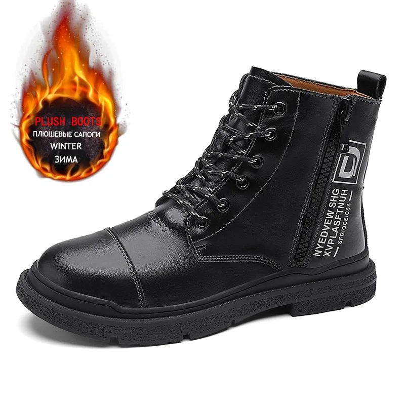 Winter Mens Boots Plush Warm Mens Snow Boots Genuine Leather Mens Waterproof Calf Boots Original Handmade Motorcycle Boots