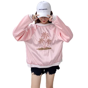 

Women Thin Jackets Fashion Embroidery Crane Basic Bomber Jacket Long Sleeve Coat Casual Windbreaker Stand Collar Slim Outerwear