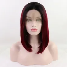 BM короткий прямой Боб Синтетический 13*3 парик фронта шнурка темные корни Омбре красное вино термостойкие волокна волос средний пробор для женщин