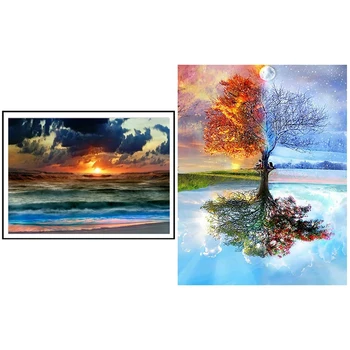 

2 Set Diy Diamond Painting Cross Stitch 3D Diamond Embroidery Rhinestone Decor Paintings - Seasons Tree & Seaside Sunset