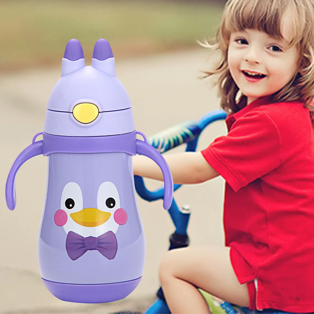

320ml children's vacuum cup with straw comfortable handle with straps 4 colors kid's water cup Stainless Steel Thermos Mug