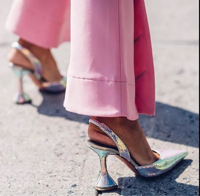 

Europe And America INS Celebrity Style Colorful Metal Pattern Embossing Color Changing Pointed-Toe Spool Heels Sandals 678-2 35-