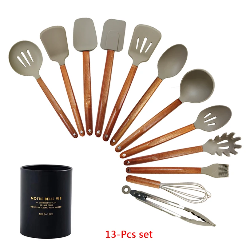 13-pcs kitchen set 6/9/12 шт Кухня посуда набор Акация деревянная ручка Силиконовая Пособия по кулинарии посуда с антипригарным покрытием металлическая кулинарная лопатка инструменты Кухня аксессуары - Цвет: 13-pcs kitchen set