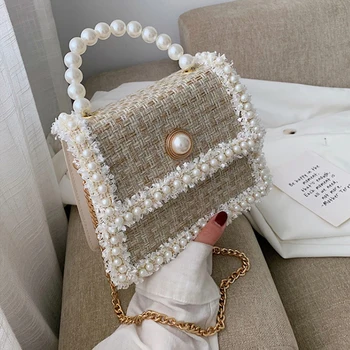 

Elegant Women Pearl Tote Bag Ladies Fashion Woolen Chain Designer Shoulder Crossbag Blue Travel Shopping Handbag Bolsas De Mujer