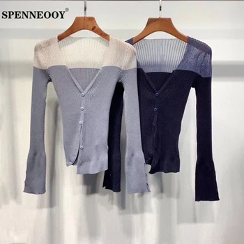

SPENNEOOY Designer Custom Runway Autumn Women Fashion Streetwear Shirt Ladies Colorblock Stretchy V-Neck Knitting Blouse Tops