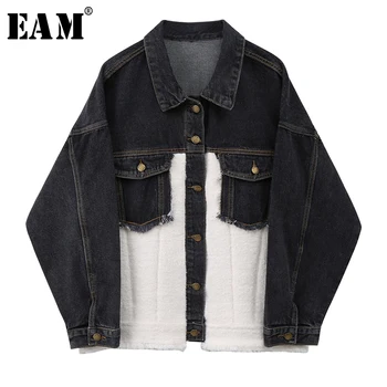 

[EAM] Loose Fit Black Knitting Split Big Size Denim Jacket New Lapel Long Sleeve Women Coat Fashion Tide Spring 2020 1W806