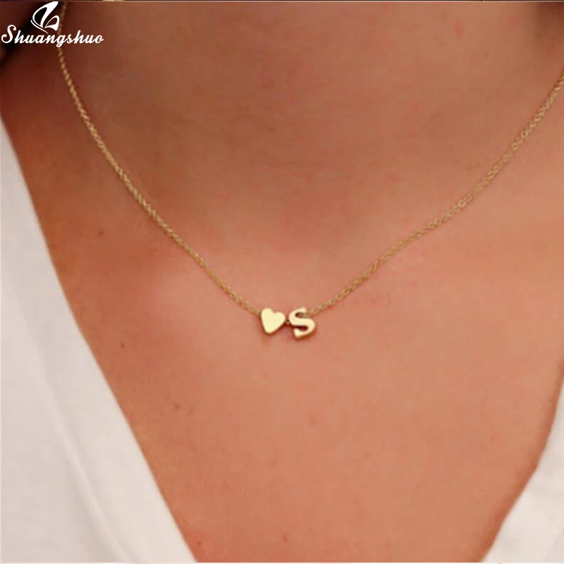 Necklace Chain Collier Heart Choker Pendant Women Girlfriend Gift Tiny Initial Love-Letter