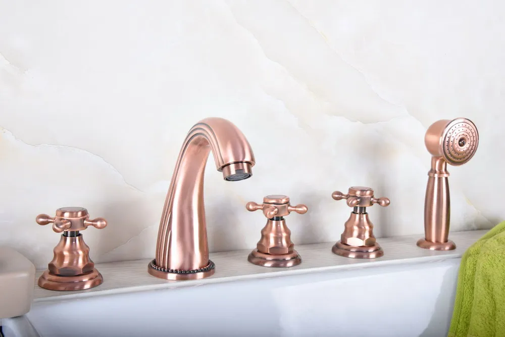 

Античный красный медный смеситель с пятью отверстиями устанавливаемый на раковину кран для ванной комнаты с 150 см ручной спрей смеситель для душа 2tf182