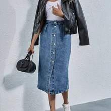

Women Streetwear Casual Pocket High Waist Straight Jean Skirts 2021 New Single Breasted Knee All-match Length Denim Skirt Female