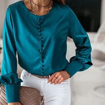 

Satin Button Elegant Womens Shirt OL Solid Summer O Neck Long Sleeve Women Shirts 2020 Spring Fashion Casual Champagne Lady Tops
