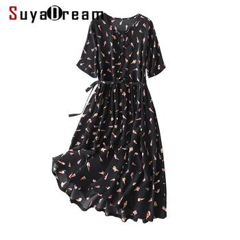 

SD Women Silk Dress 100%Silk Crepe Printed A line Short Sleeved Belted Dresses 2020 Summer New