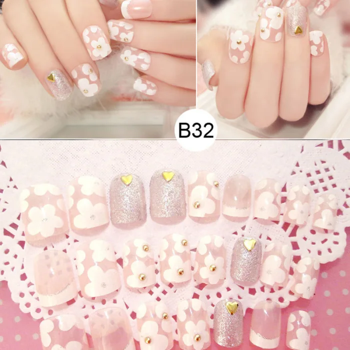 High Quality Fashion 24Pcs/Set Multi Types Fake Nails Tips Top Finish Finger Nail Art Decor for Brides Wedding Nail Art SMJ