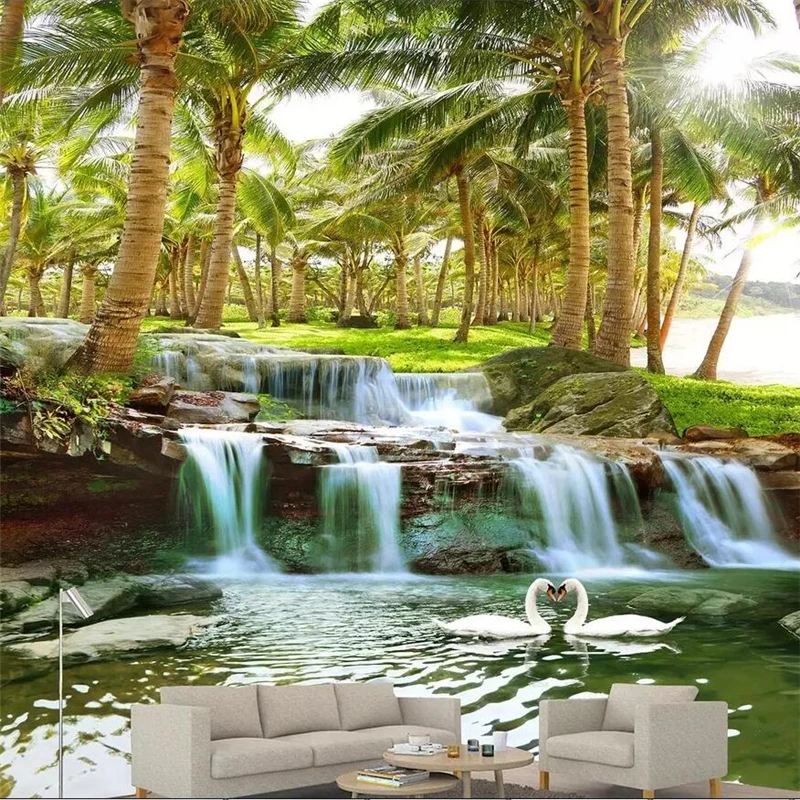 Beibehang-Hainan-Island-coconut-tree-forest-water-waterfall-landscape-painting-wall-custom-large-mural-green-wallpaper