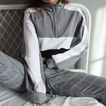 

Autumn Spring Women Zipper Stand Patchwork Bare Midriff Sweatshirts Female Drop-Shoulder Loose Casual Fashion Sweatshirts ZX759