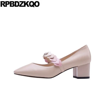 

heart pumps strap genuine leather formal medium heels square toe retro size 4 34 black work shoes women mary jane thick beige