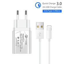 Одно зарядное устройство usb quick charge 3,0 5 V/3.5A 9 V/2A 12 V/1.5A зарядное устройство для телефона+ кабель для зарядки данных для телефонов iphone type c Micro USB